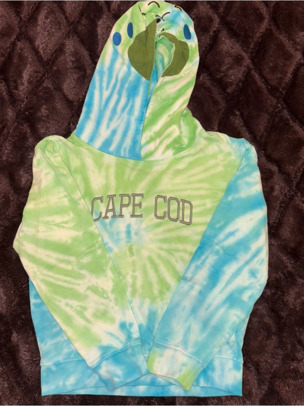 Kids unisex Cape Cod Tie-Dye Hoodie with Dinosaur Hood. SZ: 6
